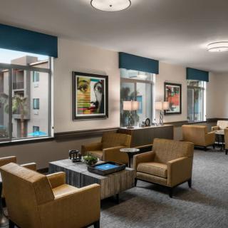 A modern waiting area featuring comfortable armchairs, large windows with natural light, and decorative artwork on the walls.