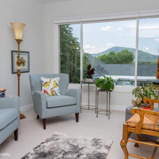 A cozy living room with blue armchairs, a large window offering a scenic view, and various plants adding a touch of greenery.