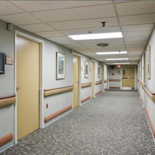 A view of a well-lit healthcare hallway with closed doors and carpeted flooring.