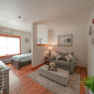 Cozy combined living and bedroom space with modern decor and natural lighting.