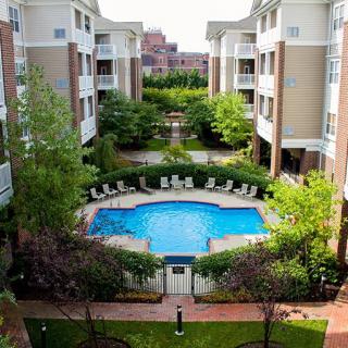 A view of an apartment complex courtyard featuring a swimming pool surrounded by greenery and residential buildings.