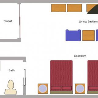A floor plan illustrating the layout of an apartment, including a living section, bedroom, bath, and closet.