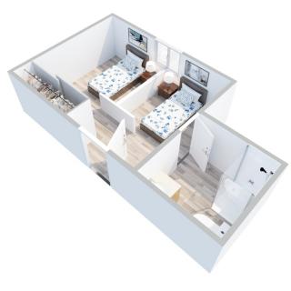 A 3D floor plan depicting a two-bedroom layout with modern interior design.