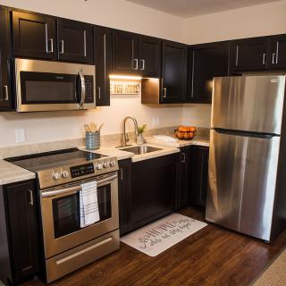A modern kitchen with dark cabinets, stainless steel appliances, and hardwood flooring.