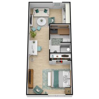 A 3D floor plan of a one-bedroom apartment featuring an open concept design with a living area, kitchen, bathroom, and bedroom.