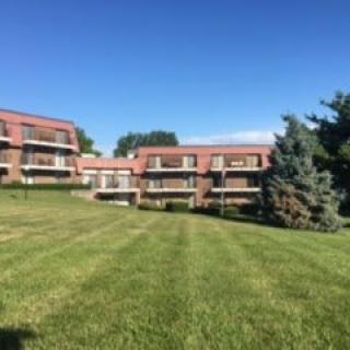 A view of residential apartment buildings with a large grassy lawn and trees under a clear blue sky.
