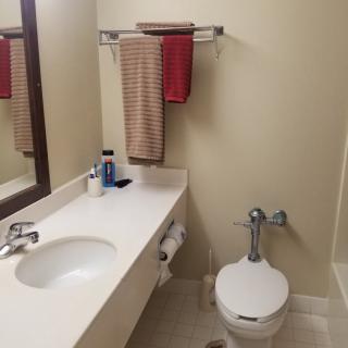 A clean and simple bathroom with a sink, mirror, and toilet. Towels are neatly hung on a towel rack.