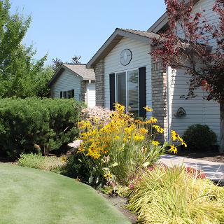 A well-maintained garden in front of a suburban house.