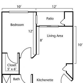 A floor plan of a one-bedroom apartment with labeled rooms and dimensions.