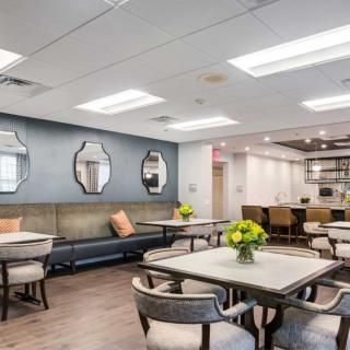 A modern lounge area with comfortable seating and stylish decor.