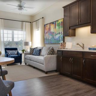 A modern living area with a comfortable sofa, armchair, and a small kitchenette.