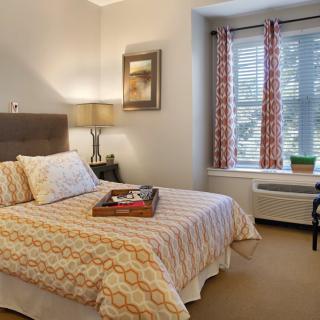 A cozy bedroom with a neatly made bed, decorative pillows, and natural light streaming through the window.
