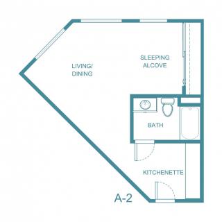 A floor plan of a studio apartment with areas designated for living/dining, a sleeping alcove, bath, and kitchenette.