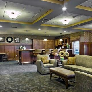 A modern lobby with comfortable seating and stylish interior design.