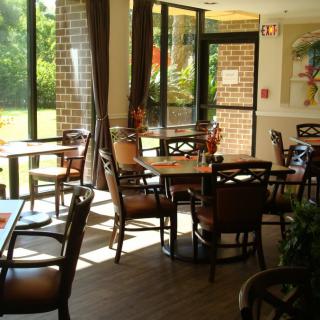 A cozy restaurant interior with tables and chairs by large windows allowing sunlight to fill the room.