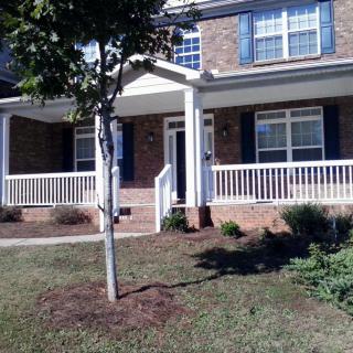 A suburban house with a brick exterior and a front porch, featuring a small tree and lawn.