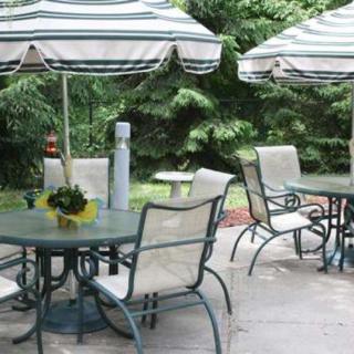 Outdoor patio area with tables, chairs, and umbrellas in a garden setting.