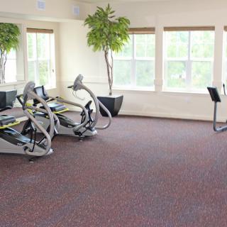 A bright and airy gym space featuring elliptical machines and large windows.