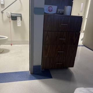 A view of a hospital room bathroom, featuring a cabinet and safety handrails.