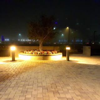 A serene night scene in a park, illuminated by soft lights.