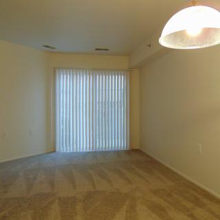 An empty room with carpet flooring, vertical blinds, and a ceiling light fixture.