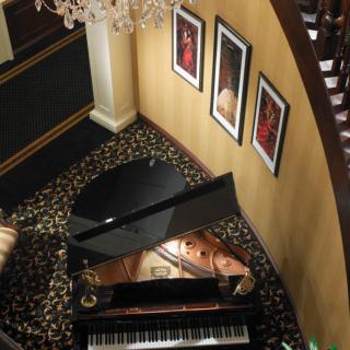 A luxurious music room featuring a grand piano, elegant chandelier, and framed artwork on the wall.