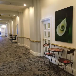 A serene hallway featuring elegant artwork and a cozy seating area.