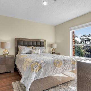 A cozy bedroom with a large bed, lamps on bedside tables, and natural light streaming through a window.