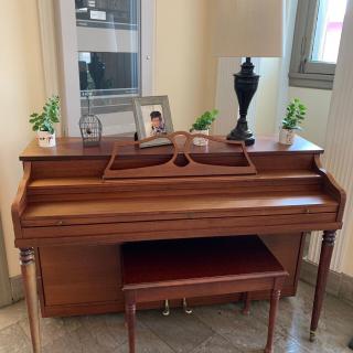 A wooden piano decorated with plants and a photo frame in a bright room.