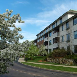 A residential apartment building surrounded by trees and greenery under a blue sky.