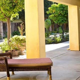 A tranquil patio area with a bench and surrounding greenery.