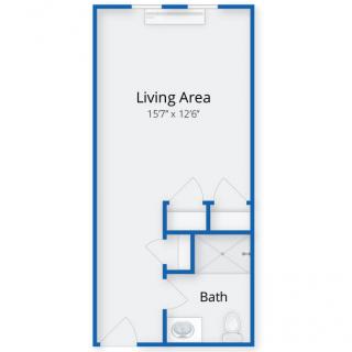 A floor plan showing a living area and bathroom layout.