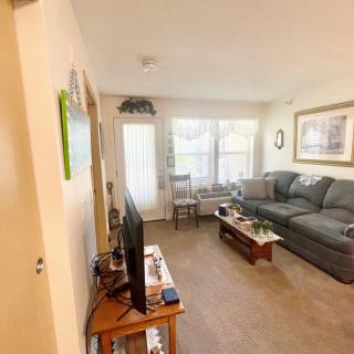 A cozy living room with a sofa, coffee table, and a television.