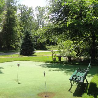 A scenic view of a putting green surrounded by lush trees and a bench, bathed in sunlight.