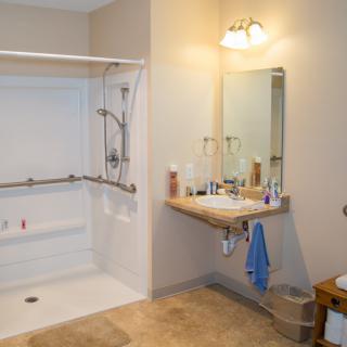 An accessible bathroom with a walk-in shower featuring grab bars and a sink with a mirror.
