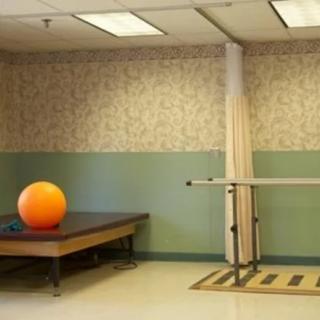 A physical therapy room with an exercise ball and parallel bars.