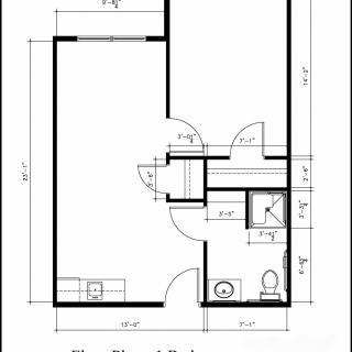 Architectural floor plan layout of a space with dimensions and room allocations.