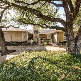 A suburban house with a large tree in the front yard.