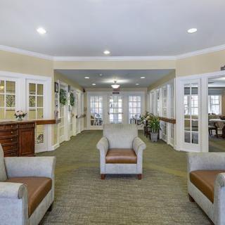 A cozy lobby with comfortable seating and elegant decor.