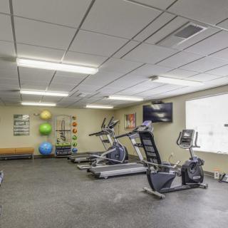A well-equipped gym room featuring treadmills, a stationary bike, and exercise balls.