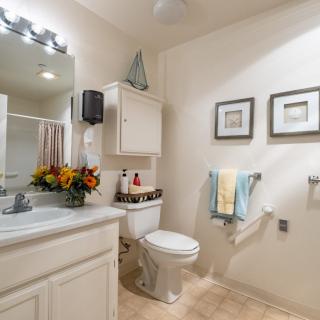 A well-decorated bathroom with a sink, toilet, and wall art.