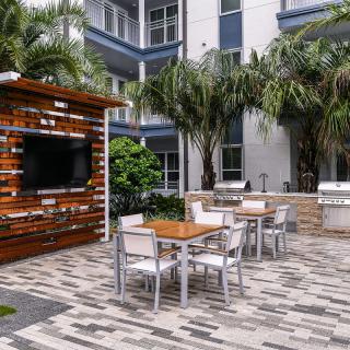 A modern outdoor patio area featuring a TV, grill, and dining furniture surrounded by palm trees.