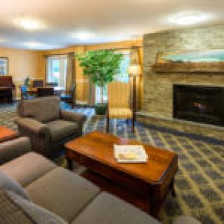Cozy living room with comfortable seating and a stone fireplace.