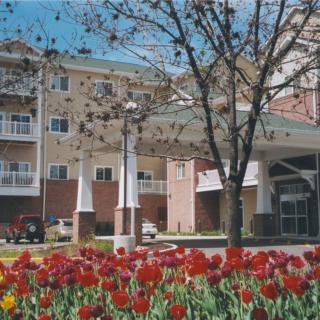 A building entrance surrounded by colorful tulips and trees in a landscaped garden.