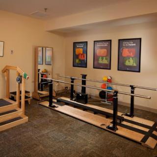 A well-equipped rehabilitation gym featuring exercise bars, stability equipment, and motivational posters.