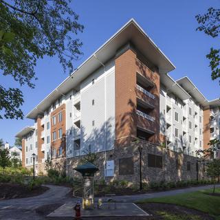 A modern residential apartment building surrounded by trees on a clear day.