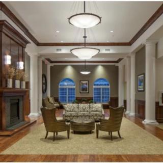 Elegant living room with a central seating area and a fireplace.