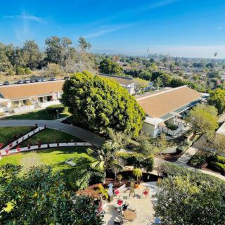 A scenic view of buildings surrounded by lush greenery under a clear blue sky.