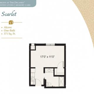 A floor plan of a studio apartment labeled as 'Scarlet,' featuring one bedroom and one bath within 373 square feet.