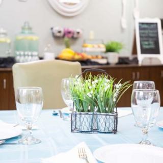 A dining table set with glasses and a green plant centerpiece, ready for a casual indoor gathering.